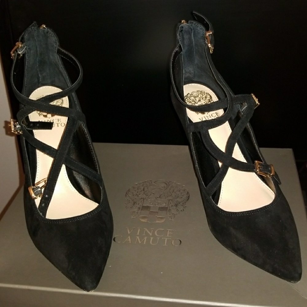 Vince Camuto Black Suede Pointed Toe Strappy Heels